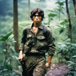 A 22-year-old man in a rugged camouflage outfit, displaying the toughness and resilience of a guerrilla fighter, set against a dense jungle backdrop.