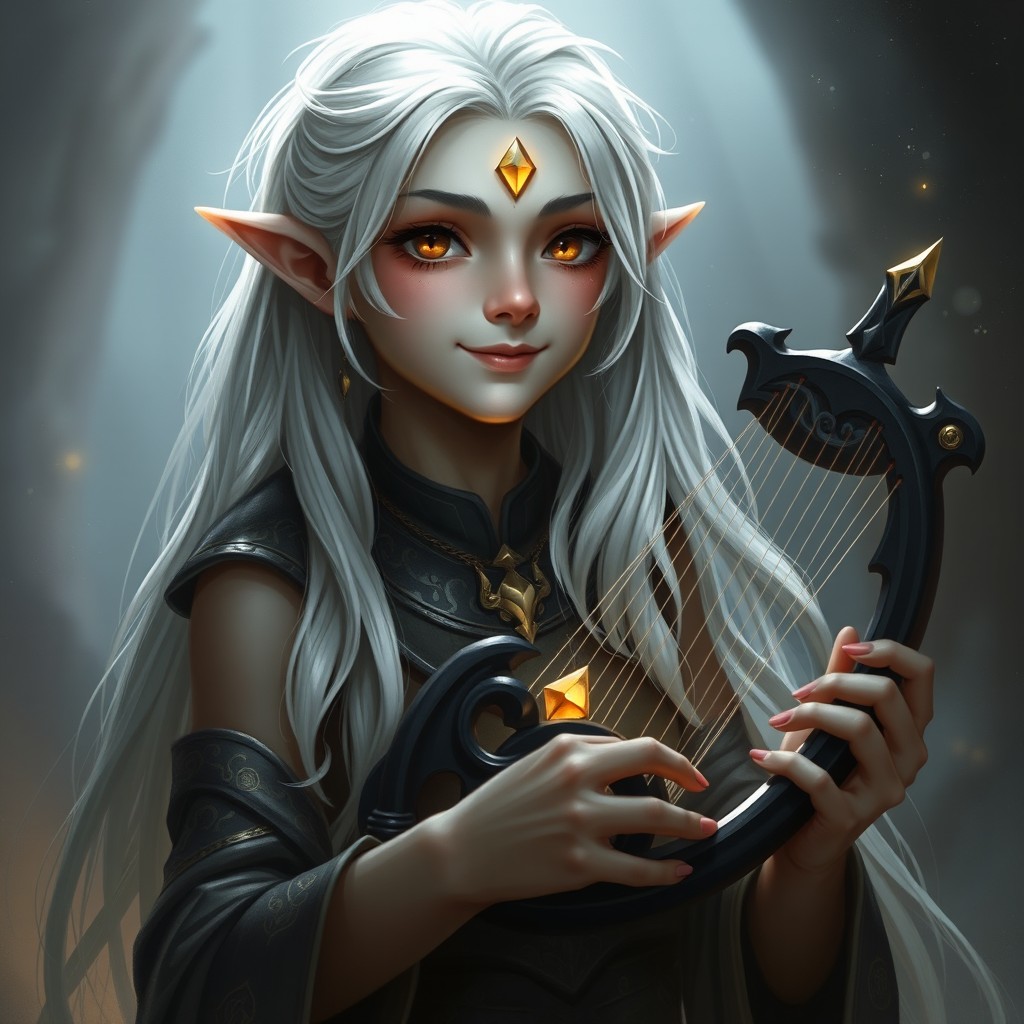 A young drow with long white hair, adorned with a gentle smile