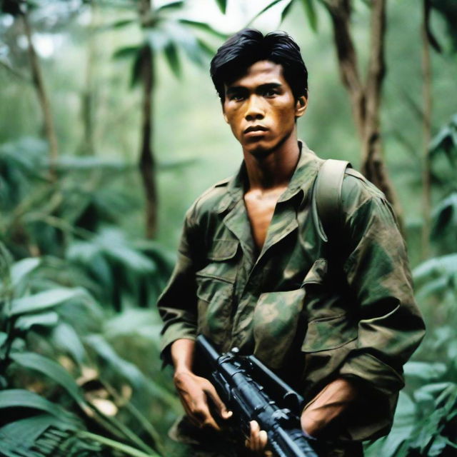 A 22-year-old man in a rugged camouflage outfit, displaying the toughness and resilience of a guerrilla fighter, set against a dense jungle backdrop.