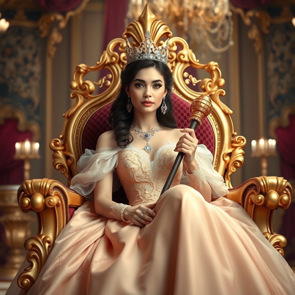 A stunning brunette princess seated elegantly on a luxurious royal throne, adorned with intricate golden details