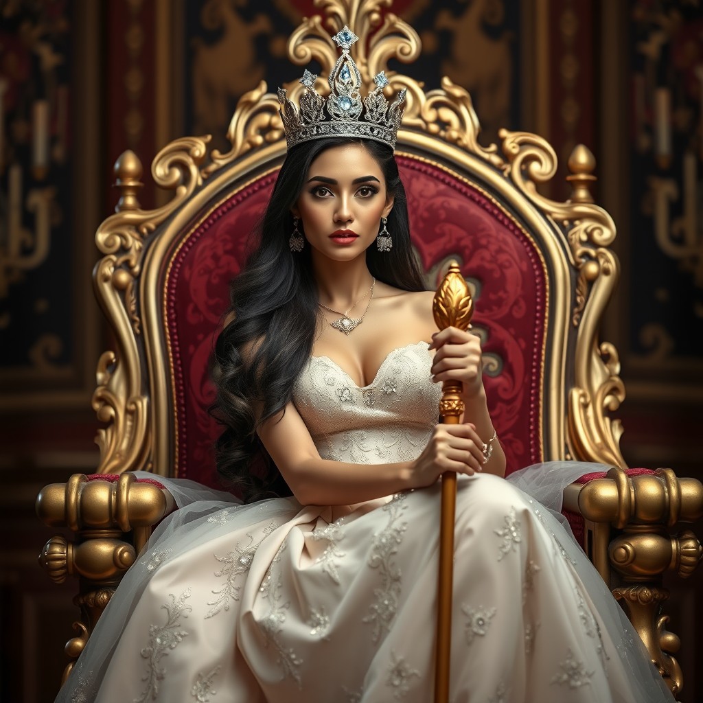 A beautiful brunette princess seated on an ornate royal throne, adorned in an elegant gown with intricate details
