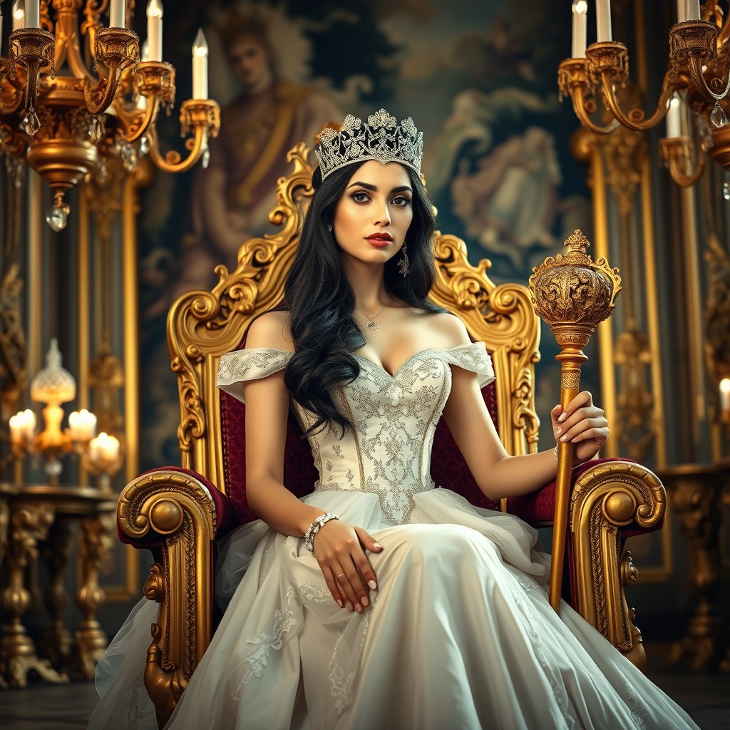 A beautiful brunette princess seated on an ornate royal throne at the Palace of Versailles, adorned in an exquisite gown with luxurious details