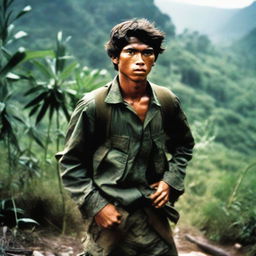 A 22-year-old man in a rugged camouflage outfit, displaying the toughness and resilience of a guerrilla fighter, set against a dense jungle backdrop.