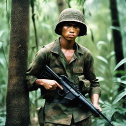 A 22-year-old man in a rugged camouflage outfit, displaying the toughness and resilience of a guerrilla fighter, set against a dense jungle backdrop.