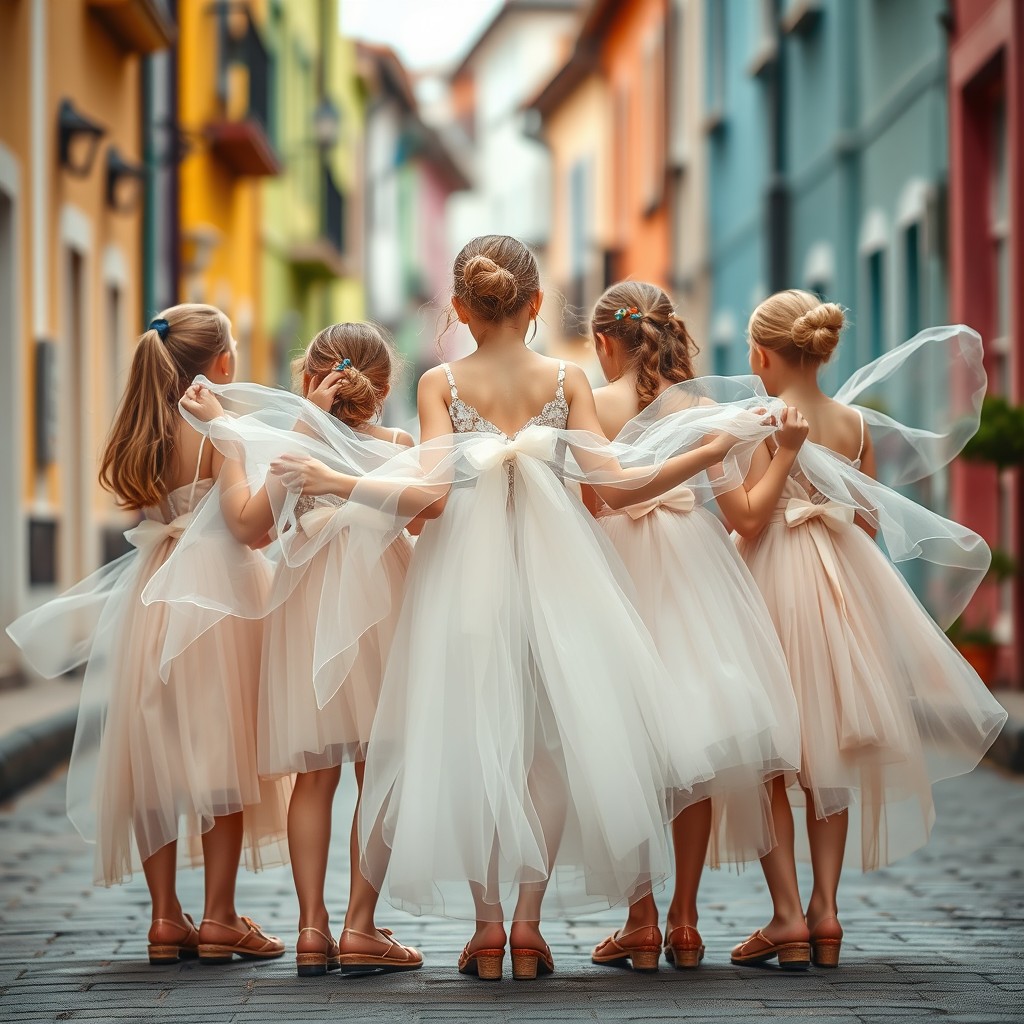 A whimsical scene featuring a group of young girls, around 7 years old, joyfully wearing delicate and ethereal wedding dresses made of translucent fabric