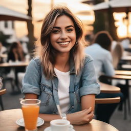 A girl on a date, looking excited in a casual yet stylish outfit, sitting at an outdoor café with a sunset backdrop.