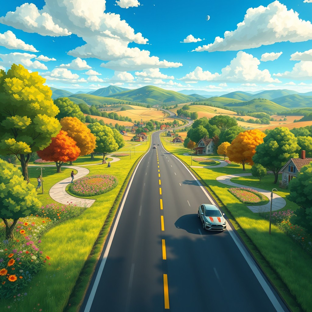 A vibrant, detailed 2D illustration showcasing a bird's eye view of a straight road adventure