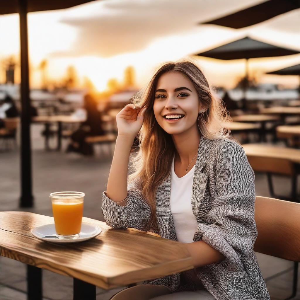 A girl on a date, looking excited in a casual yet stylish outfit, sitting at an outdoor café with a sunset backdrop.