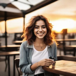 A girl on a date, looking excited in a casual yet stylish outfit, sitting at an outdoor café with a sunset backdrop.