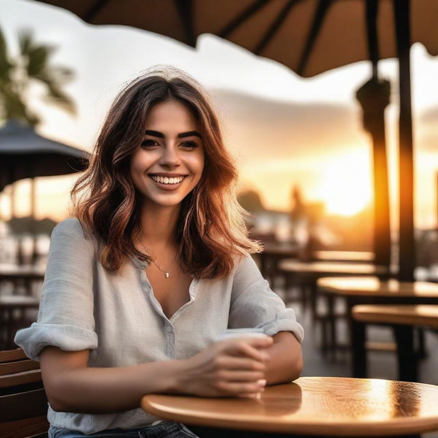 A girl on a date, looking excited in a casual yet stylish outfit, sitting at an outdoor café with a sunset backdrop.