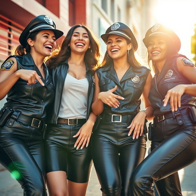 A lighthearted and playful scene featuring beautiful Latino female police officers dressed in sleek leather outfits, joyfully pointing at their feet while laughing