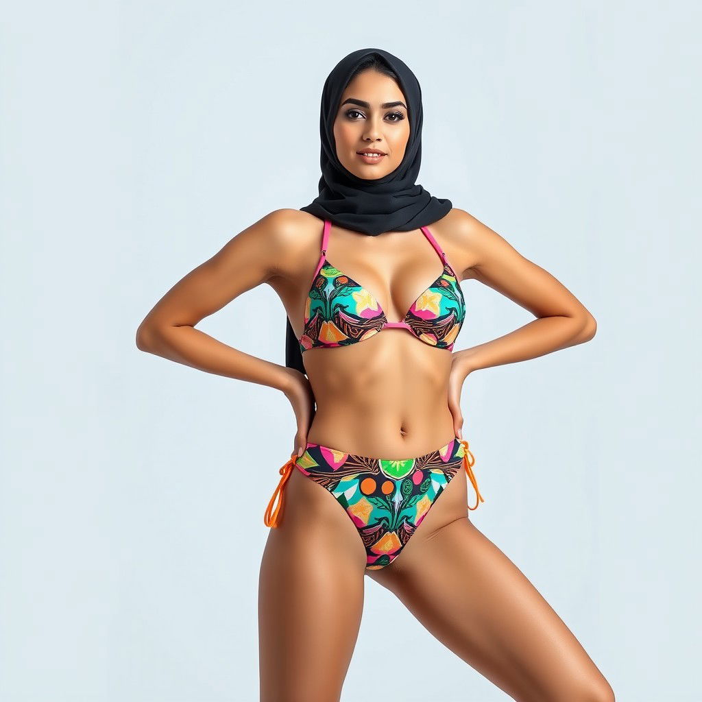 A full-body portrait of a Persian woman confidently wearing a stylish bikini while elegantly adorned with a fashionable hijab