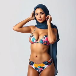 A full-body portrait of a Persian woman confidently wearing a stylish bikini while elegantly adorned with a fashionable hijab