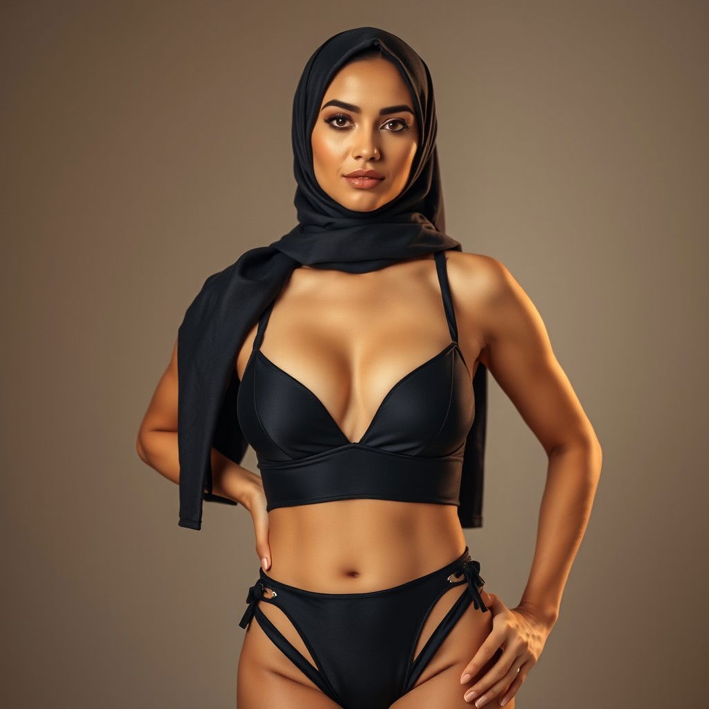 A full-body portrait of a Persian woman confidently wearing a chic black bikini while elegantly styled with a fashionable hijab