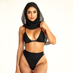 A full-body portrait of a Persian woman confidently wearing a chic black bikini while elegantly styled with a fashionable hijab