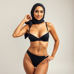 A full-body portrait of a Persian woman confidently wearing a chic black bikini while elegantly styled with a fashionable hijab