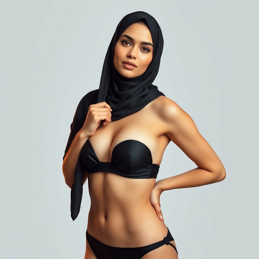 A full-body portrait of a Persian woman confidently wearing a stylish black bikini while elegantly draped in a fashionable hijab