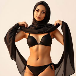 A full-body portrait of a Persian woman confidently wearing a stylish black bikini while elegantly draped in a fashionable hijab