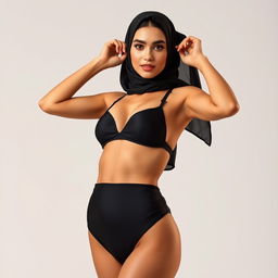A full-body portrait of a Persian woman confidently wearing a stylish black bikini while elegantly draped in a fashionable hijab