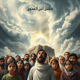 An artistic representation inspired by Surah Al-Zalzalah (The Earthquake) from the Quran, illustrating a dramatic scene of the earth shaking and people emerging with expressions of shock and awe