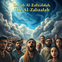 An artistic representation inspired by Surah Al-Zalzalah (The Earthquake) from the Quran, illustrating a dramatic scene of the earth shaking and people emerging with expressions of shock and awe