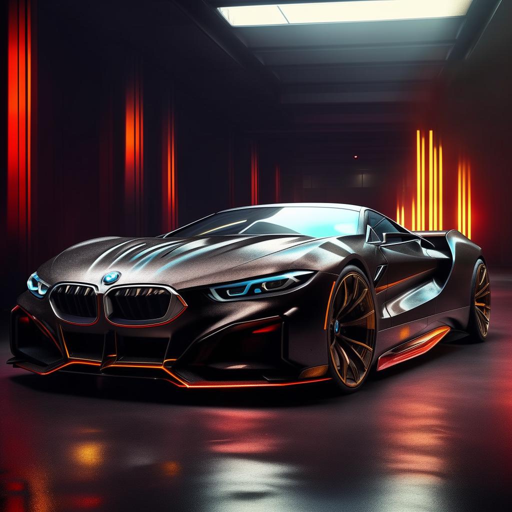 An evocative 8K resolution, 1080HP picture quality concept of a luxurious BMW supercar, designed by Mansory. An image that captures the interplay of luxury and power, hallmarks of the Mansory design.