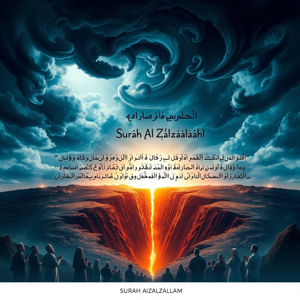 A beautiful and artistic representation of Surah Al-Zalzalah (The Earthquake) from the Quran, showcasing a dramatic landscape with a powerful earthquake scene