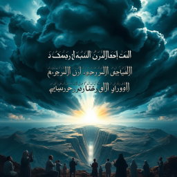 A beautiful and artistic representation of Surah Al-Zalzalah (The Earthquake) from the Quran, showcasing a dramatic landscape with a powerful earthquake scene