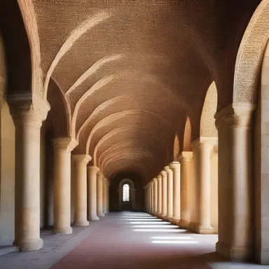 The archway leading into the grand hall was adorned with intricate shield-shaped patterns.