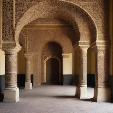 The archway leading into the grand hall was adorned with intricate shield-shaped patterns.