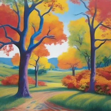 The artist painted a vibrant landscape with shield-shaped leaves on the trees.