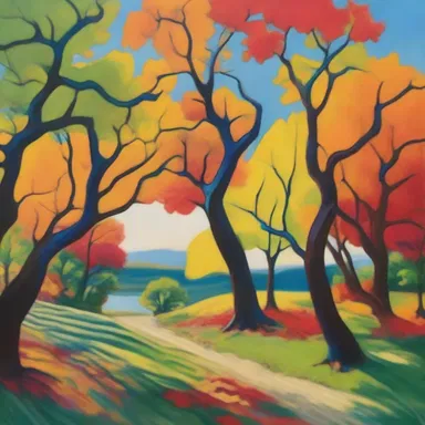 The artist painted a vibrant landscape with shield-shaped leaves on the trees.