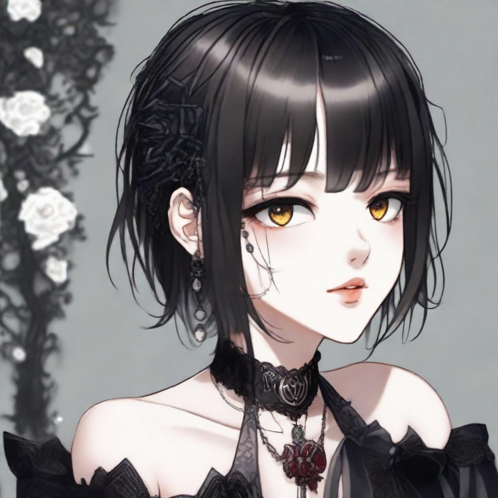 A gothic girl with short, lightly dyed hair on a date, featuring clear brown eyes, a fringe, and slightly overweight, manifesting a unique charm and confidence.