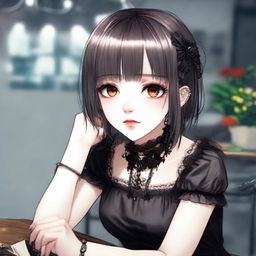 A gothic girl with short, lightly dyed hair on a date, featuring clear brown eyes, a fringe, and slightly overweight, manifesting a unique charm and confidence.