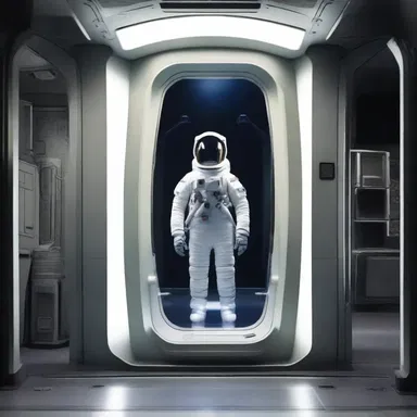 The spaceship's door opened automatically as the crew member stepped onto the illuminated sill.