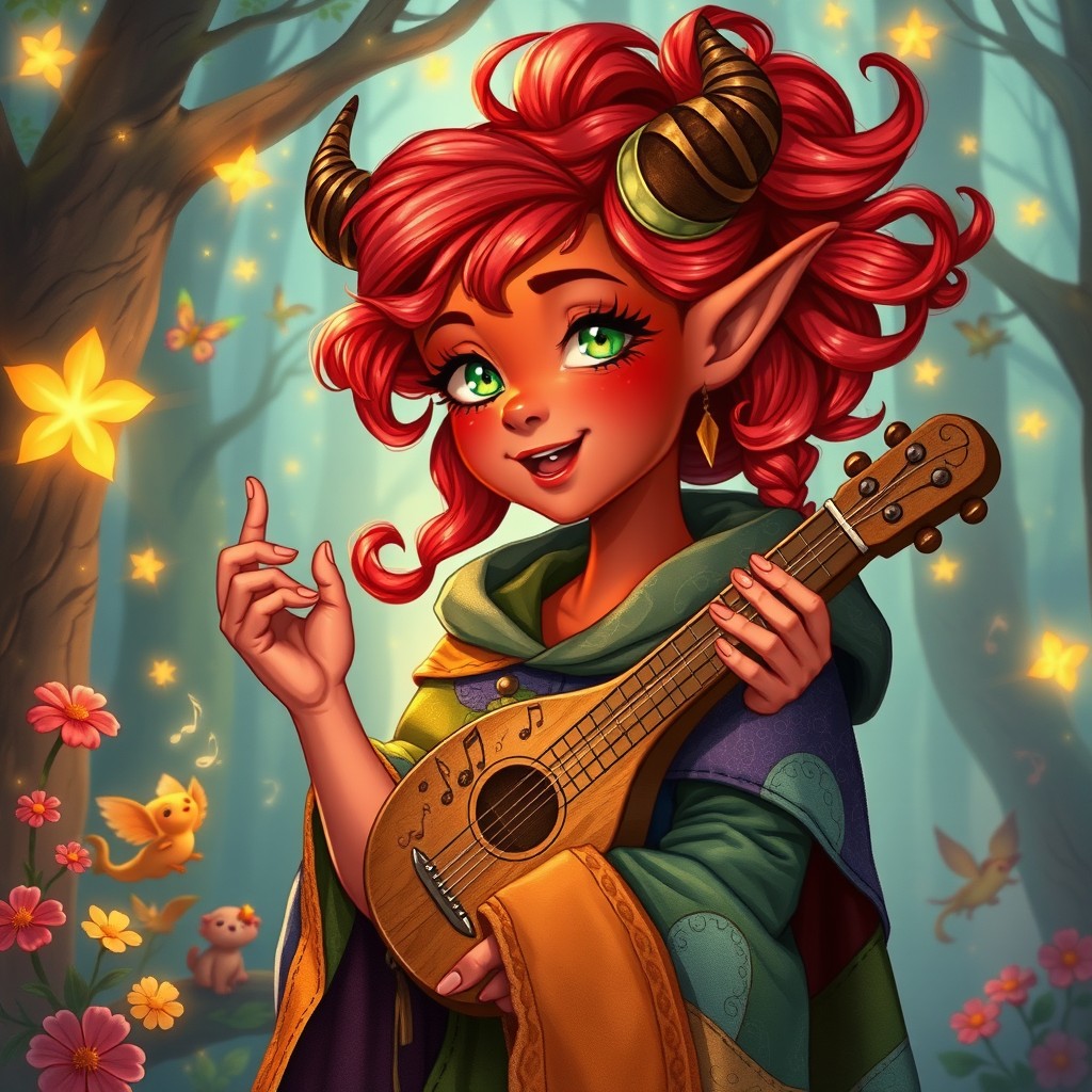 A vibrant and enchanting illustration of a young tiefling bard girl, showcasing her adventurous spirit and creativity