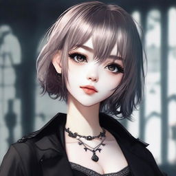 A gothic girl with short, lightly dyed hair on a date, featuring clear brown eyes, a fringe, and slightly overweight, manifesting a unique charm and confidence.