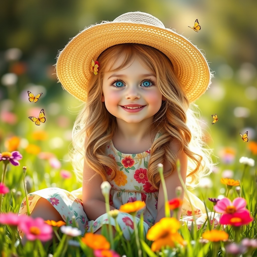 A cute girl with sparkling blue eyes and a joyful smile, wearing a colorful floral dress and a wide-brimmed straw hat