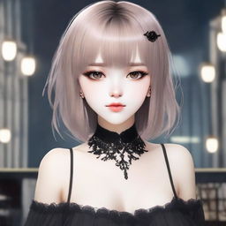 A gothic girl with short, lightly dyed hair on a date, featuring clear brown eyes, a fringe, and slightly overweight, manifesting a unique charm and confidence.