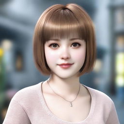 Render a realistic image of a girl with short, lightly dyed hair on a date. She has clear brown eyes, a small fringe, and is slightly overweight.