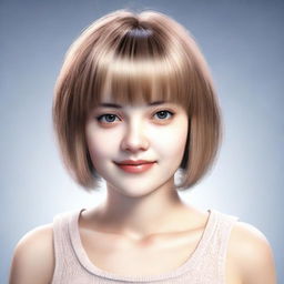 Render a realistic image of a girl with short, lightly dyed hair on a date. She has clear brown eyes, a small fringe, and is slightly overweight.