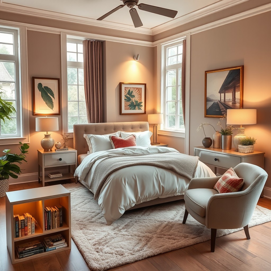 A beautifully designed bedroom featuring cozy elements, soft lighting, and elegant decor