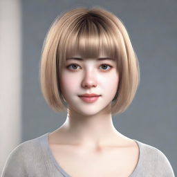 Render a realistic image of a girl with short, lightly dyed hair on a date. She has clear brown eyes, a small fringe, and is slightly overweight.