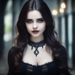 A gothic girl with clear brown eyes on a date exuding an aura of mystery and allure, in an atmospheric setting.