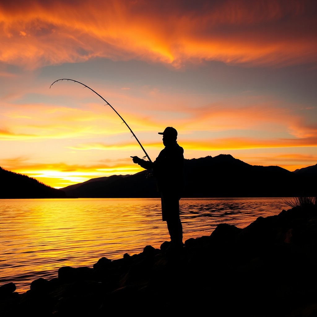 A stunning silhouette of a person fishing at the edge of a serene lake during sunset
