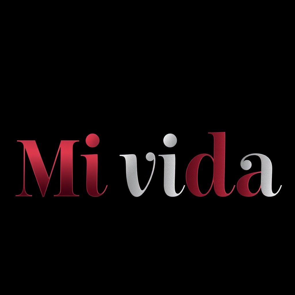 The title 'Mi vida' in Cinzel Decorative font, displayed in rich burgundy (#5a0e0e) or metallic silver with a subtle shine