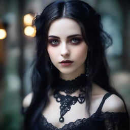 A gothic girl with clear brown eyes on a date exuding an aura of mystery and allure, in an atmospheric setting.