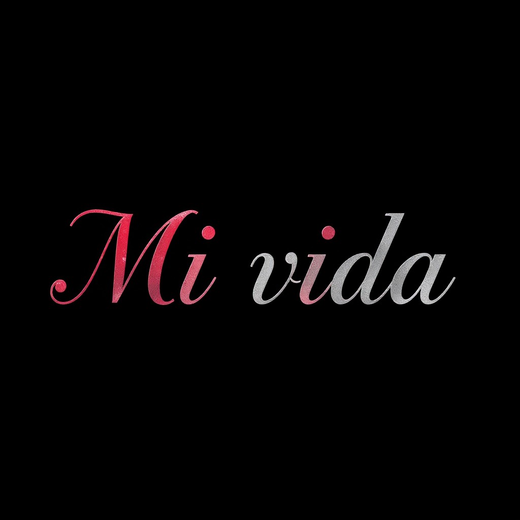 The title 'Mi vida' in Cinzel Decorative font, featuring deep burgundy or metallic silver with a slight shine