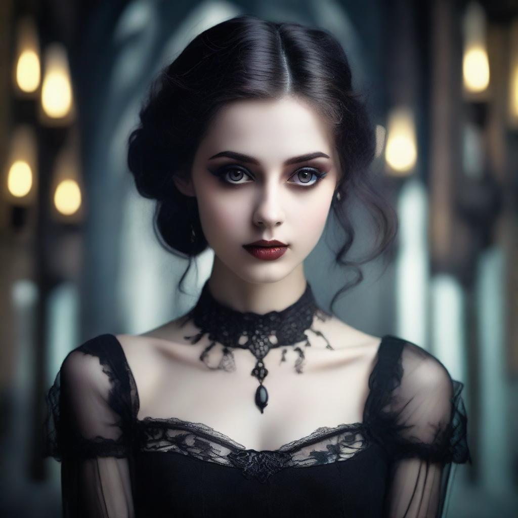 A gothic girl with clear brown eyes on a date exuding an aura of mystery and allure, in an atmospheric setting.