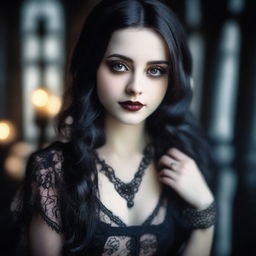 A gothic girl with clear brown eyes on a date exuding an aura of mystery and allure, in an atmospheric setting.